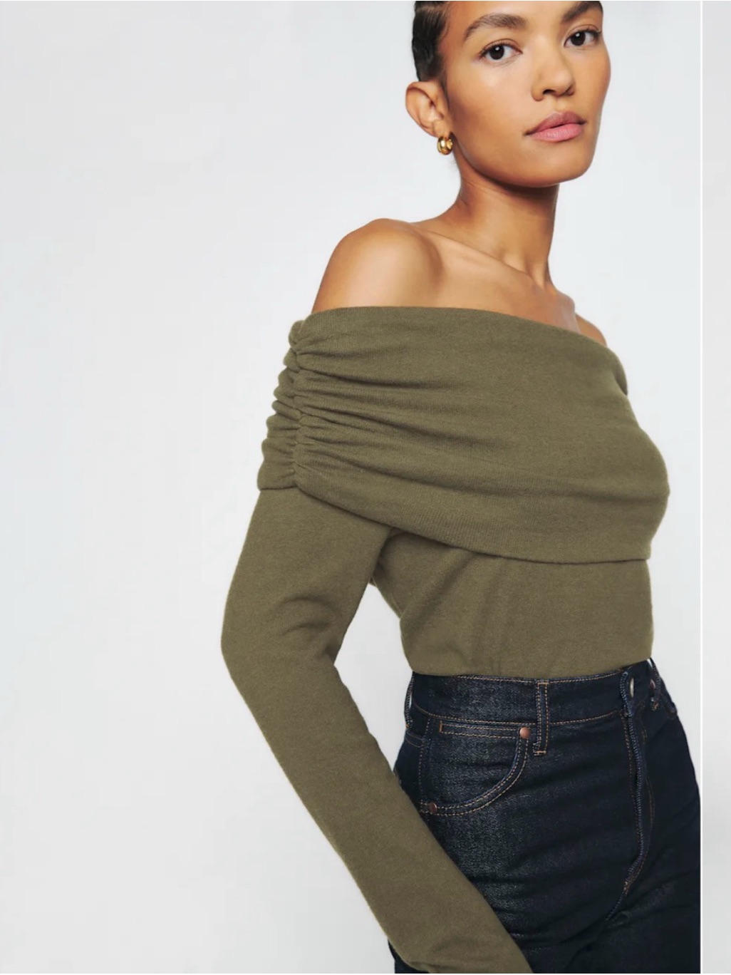 Off-Shoulder Draped Olive Green Women's Sweater
